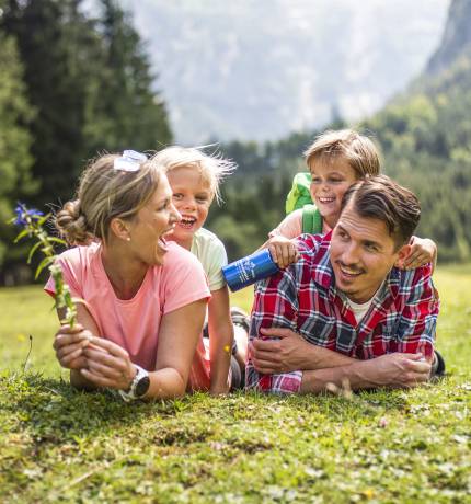 Fröhliche Familie liegt auf einer grünen Wiese