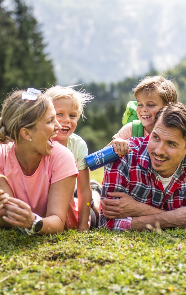 Fröhliche Familie liegt auf einer grünen Wiese