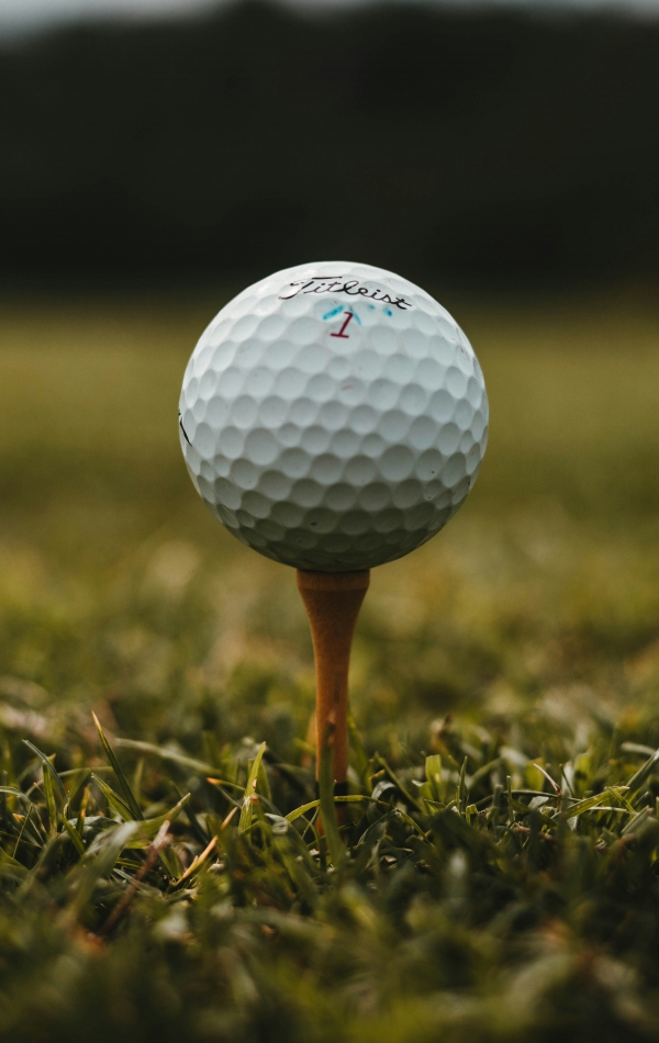 Nahaufnahme Golfball auf Tee im Rasen