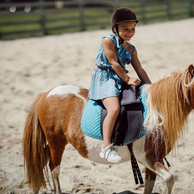 Lachendes Mädchen reitet auf Miniaturpferd im Ferienresort Central Flachau