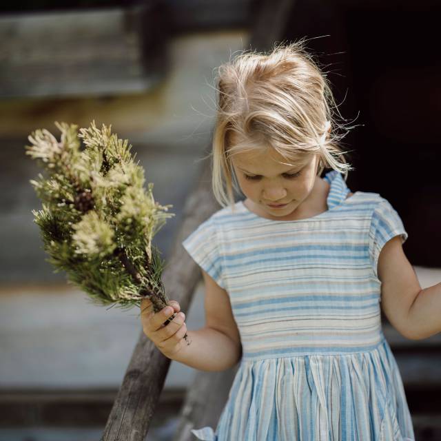 Blondes Mädchen mit blauem Kleid und Tannenzweigen