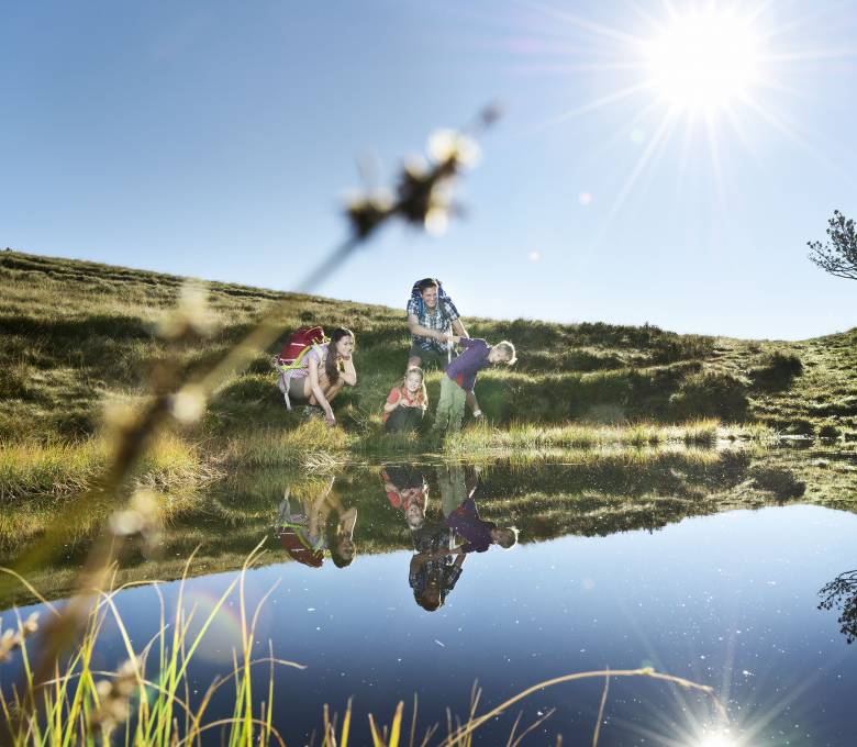 Familie im Sonnenschein an einem kleinen Bergsee im grünen Flachau